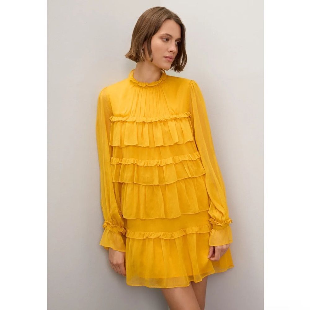 Adam Lippes Tiered Chiffon Ruffle Long Sleeve Mini Dress